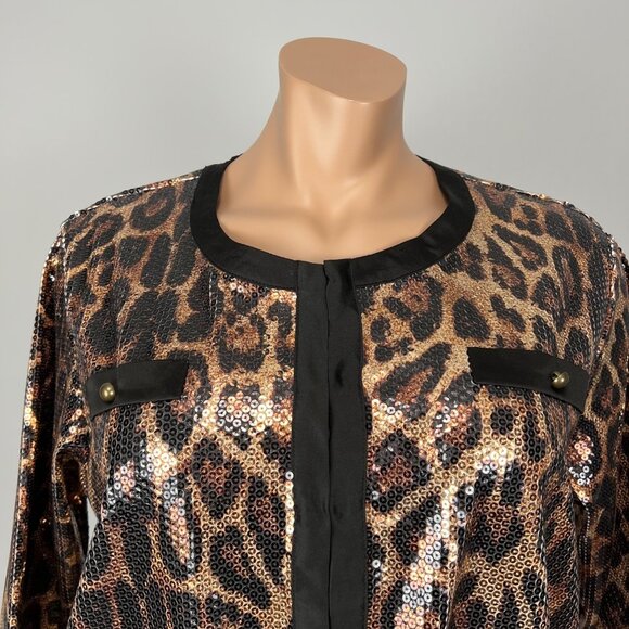 Michael Simon Womens Plus Leopard Print Sequin Jacket Hook Front Closure size 2X - Picture 2 of 14
